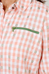 Cali Girls Betty Check Embroidered Blouse in Coral/white.  Gingham check with contrast color embroidery.  Pointed collar button down blouse with hidden button placket.  3/4 sleeve with fold back cuff and button detail.  Green zipper detail above left breast.  Back yoke with ring tab and inverted back pleat.  Relaxed fit._t_59841889665390