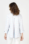 Cali Girls Betty Check Embroidered Blouse in Light Blue/white.  Gingham check with contrast color embroidery.  Pointed collar button down blouse with hidden button placket.  3/4 sleeve with fold back cuff and button detail.  Coral zipper detail above left breast.  Back yoke with ring tab and inverted back pleat.  Relaxed fit._t_59841889173870