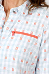 Cali Girls Betty Check Embroidered Blouse in Light Blue/white.  Gingham check with contrast color embroidery.  Pointed collar button down blouse with hidden button placket.  3/4 sleeve with fold back cuff and button detail.  Coral zipper detail above left breast.  Back yoke with ring tab and inverted back pleat.  Relaxed fit._t_59841889632622