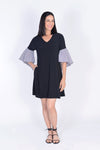 Top Ligne Checked Flounce Sleeve Dress.  Black v neck a line dress with elbow length sleeve with checked flounce.  2 side seam pockets.  Relaxed fit._t_59675031175534