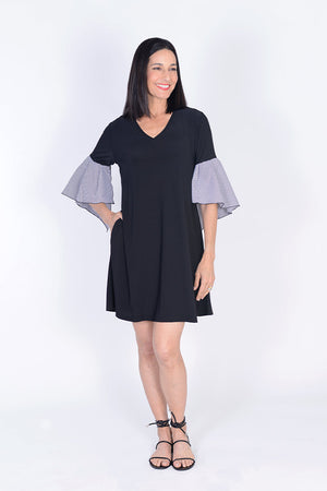 Top Ligne Checked Flounce Sleeve Dress.  Black v neck a line dress with elbow length sleeve with checked flounce.  2 side seam pockets.  Relaxed fit._59675031175534