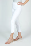 Holland Ave Denim Angle Fringe Crop in White.  Pull on pant with hidden waistband. Faux fly.  2 rear patch pockets.  Angled hem with frayed detail.  Snug through hip and thigh, slim to hem. 25 1/2" inseam at longest point._t_59680323895662