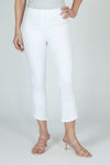 Holland Ave Denim Angle Fringe Crop in White.  Pull on pant with hidden waistband. Faux fly.  2 rear patch pockets.  Angled hem with frayed detail.  Snug through hip and thigh, slim to hem. 25 1/2" inseam at longest point._t_59680323862894