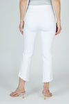 Holland Ave Denim Angle Fringe Crop in White.  Pull on pant with hidden waistband. Faux fly.  2 rear patch pockets.  Angled hem with frayed detail.  Snug through hip and thigh, slim to hem. 25 1/2" inseam at longest point._t_59680323797358