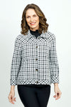 Lolo Luxe Boucle Plaid Jacket in Black & White.  Pointed collar button front jacket with bias plaid front and back yoke.  Bias plaid banded hem.  Novelty buttons.  Contour seaming.  Bracelet length sleeve with bias plaid cuff.  In seam front pockets.  Relaxed fit._t_52899548463470