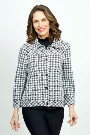 Lolo Luxe Boucle Plaid Jacket in Black & White.  Pointed collar button front jacket with bias plaid front and back yoke.  Bias plaid banded hem.  Novelty buttons.  Contour seaming.  Bracelet length sleeve with bias plaid cuff.  In seam front pockets.  Relaxed fit._52899548463470