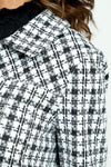 Lolo Luxe Boucle Plaid Jacket in Black & White.  Pointed collar button front jacket with bias plaid front and back yoke.  Bias plaid banded hem.  Novelty buttons.  Contour seaming.  Bracelet length sleeve with bias plaid cuff.  In seam front pockets.  Relaxed fit._t_52899548397934