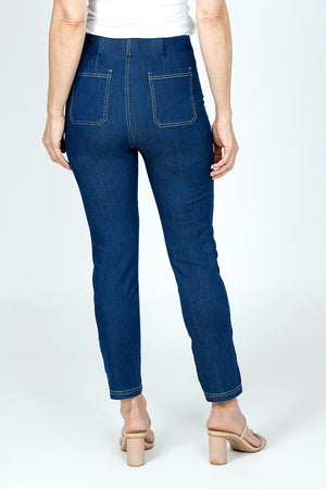 Holland Ave Olivia Straight Leg Jean with Pockets in Denim.  Medium blue wash.  Pull on jean with hidden elastic waistband and faux zipper fold. Contrast color top stitching.  Snug through hip and thigh.  Falls straight to hem.  28" inseam. _59584332136814