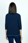 Top Ligne Texture Knit Stitch Pocket Top in Navy.  Crew neck 3/4 sleeve top in lightweight puckered fabric.  Off center front seaming with white top stitching and hidden front pocket.  Plain back.  White stitch trim at neck, hem and cuff. Relaxed fit._t_59584341377390