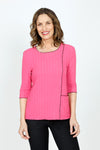 Top Ligne Texture Knit Stitch Pocket Top in Pink.  Crew neck 3/4 sleeve top in lightweight puckered fabric.  Off center front seaming with black top stitching and hidden front pocket.  Plain back.  Black stitch trim at neck, hem and cuff. Relaxed fit._t_59584339083630