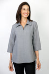 Beau Chemise Easy Fit & Flare Zip Blouse in Gray. Heathered pointed collar with 1/4 zip neckline.  3/4 loose sleeve.  Contour seaming with fit and flare shape. Relaxed fit._t_59410662981998