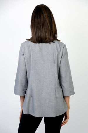 Beau Chemise Easy Fit & Flare Zip Blouse in Gray. Heathered pointed collar with 1/4 zip neckline.  3/4 loose sleeve.  Contour seaming with fit and flare shape. Relaxed fit._59410662949230