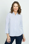 Cali Girls Stripe Blouse with Herringbone Pocket.  Narro blue vertical stripe on a white background.   Pointed collar button down with 3/4 sleeve. Split cuff.  Shirt tail hem.  Single diagonal stripe breast pocket.  Relaxed fit._t_52875953209710