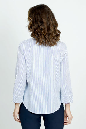 Cali Girls Stripe Blouse with Herringbone Pocket.  Narro blue vertical stripe on a white background.   Pointed collar button down with 3/4 sleeve. Split cuff.  Shirt tail hem.  Single diagonal stripe breast pocket.  Relaxed fit._52875953176942