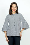 Cali Girls Check Flounce Sleeve Blouse in Black & White check.  Banded crew neck button down blouse.  3/4 sleeve with flounced cuff.  A line shape.  Bias check at neck and cuff.  Relaxed fit._t_52998203965806