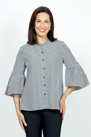 Cali Girls Check Flounce Sleeve Blouse in Black & White check.  Banded crew neck button down blouse.  3/4 sleeve with flounced cuff.  A line shape.  Bias check at neck and cuff.  Relaxed fit._52998203965806