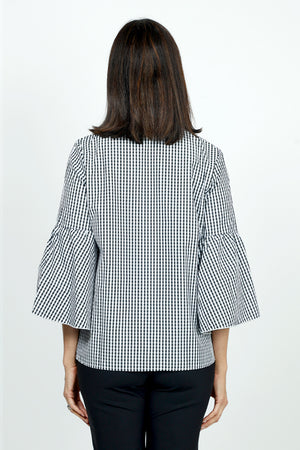 Cali Girls Check Flounce Sleeve Blouse in Black & White check.  Banded crew neck button down blouse.  3/4 sleeve with flounced cuff.  A line shape.  Bias check at neck and cuff.  Relaxed fit._52998203933038