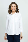 Cali Girls Embroidered Hearts Blouse in White with pink embroidered hearts.  Pointed collar button down blouse.  3/4 sleeve with 2 button cuff.  Shirt tail hem. Relaxed fit._t_52871750418798