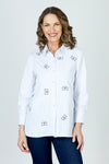 Cali Girls Bow Embossed Stripe Blouse in White with blue vertical stripes and embroidered bow outline in navy.  Pointed collar button down blouse with 3/4 sleeve with 2 button cuff.  Embroidery on front and back.  Curved hem with side slits.  Relaxed fit._t_59689052537198