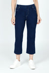 Jean Terry Crop Pant with Pockets in Denim.  Elastic waist pull on with 5 pocket styling and faux fly.  Contrast color top stitching.  Falls straight from hip.  24" inseam._t_59584201720174