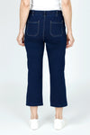 Jean Terry Crop Pant with Pockets in Denim.  Elastic waist pull on with 5 pocket styling and faux fly.  Contrast color top stitching.  Falls straight from hip.  24" inseam._t_59584201654638