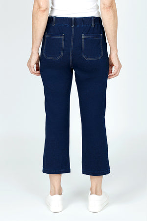 Jean Terry Crop Pant with Pockets in Denim.  Elastic waist pull on with 5 pocket styling and faux fly.  Contrast color top stitching.  Falls straight from hip.  24" inseam._59584201654638