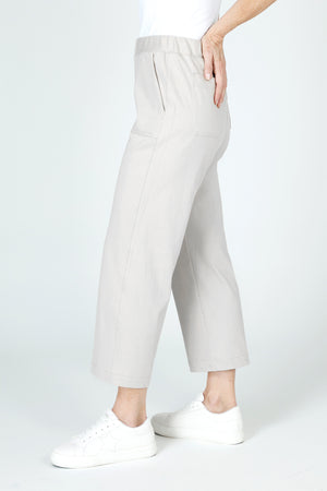 Holland Ave Patch Pocket Crop in Pearl Gray.  1 3/4" elastic waistband.  2 front deep pockets, 2 rear patch pockets.  Snug through hip, falls wide to hem.  24 1/2" inseam._59680150585710