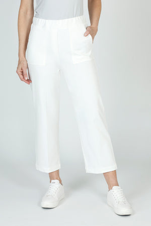 Holland Ave Patch Pocket Crop in White.  1 3/4" elastic waistband.  2 front deep pockets, 2 rear patch pockets.  Snug through hip, falls wide to hem.  24 1/2" inseam._59680150716782