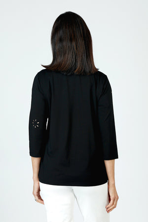 Lolo Luxe Laser Cut Flower Tee in Black.  Crew neck 3/4 sleeve tee.  Laser cut small flowers scattered throughout.  Laser cut small circles around neckline.  Relaxed fit._59622903677294