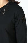 Lolo Luxe Laser Cut Flower Tee in Black.  Crew neck 3/4 sleeve tee.  Laser cut small flowers scattered throughout.  Laser cut small circles around neckline.  Relaxed fit._t_59622903775598