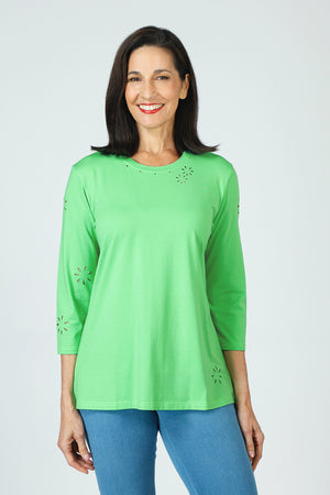 Lolo Luxe Laser Cut Flower Tee in bright Green.  Crew neck 3/4 sleeve tee.  Laser cut small flowers scattered throughout.  Laser cut small circles around neckline.  Relaxed fit._59622855606638