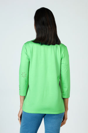 Lolo Luxe Laser Cut Flower Tee in bright Green.  Crew neck 3/4 sleeve tee.  Laser cut small flowers scattered throughout.  Laser cut small circles around neckline.  Relaxed fit._59622855639406