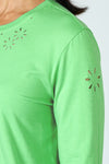 Lolo Luxe Laser Cut Flower Tee in bright Green.  Crew neck 3/4 sleeve tee.  Laser cut small flowers scattered throughout.  Laser cut small circles around neckline.  Relaxed fit._t_59622855672174