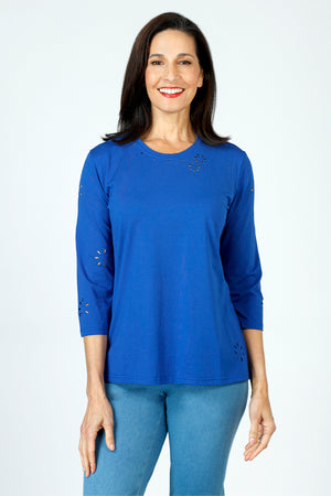 Lolo Luxe Laser Cut Flower Tee in Royal blue.  Crew neck 3/4 sleeve tee.  Laser cut small flowers scattered throughout.  Laser cut small circles around neckline.  Relaxed fit._59622903808366