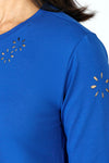 Lolo Luxe Laser Cut Flower Tee in Royal blue.  Crew neck 3/4 sleeve tee.  Laser cut small flowers scattered throughout.  Laser cut small circles around neckline.  Relaxed fit._t_59622903841134