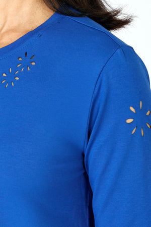 Lolo Luxe Laser Cut Flower Tee in Royal blue.  Crew neck 3/4 sleeve tee.  Laser cut small flowers scattered throughout.  Laser cut small circles around neckline.  Relaxed fit._59622903841134