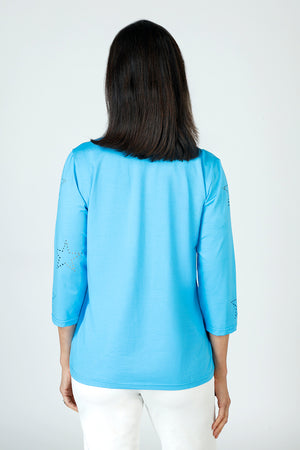 Lolo Luxe Laser Cut Flower Tee in bright Blue.  Crew neck 3/4 sleeve tee.  Laser cut small flowers scattered on front and sleeves.  Laser cut small circles around neckline. Plain back Relaxed fit._59622839517550