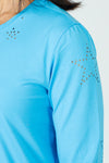 Lolo Luxe Laser Cut Flower Tee in bright Blue.  Crew neck 3/4 sleeve tee.  Laser cut small flowers scattered on front and sleeves.  Laser cut small circles around neckline. Plain back Relaxed fit._t_59622839484782