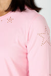 Lolo Luxe Laser Cut Flower Tee in Pink.  Crew neck 3/4 sleeve tee.  Laser cut small flowers scattered on front and sleeves.  Laser cut small circles around neckline. Plain back Relaxed fit._t_59622839648622