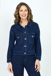 Lolo Luxe Jean Terry Shortie Jacket in Denim.  Pointed collar button front cropped jacket with long sleeves and grommet button cuffs.  Front patch flap pockets with grommet button flap.  Banded hem.  Contour seaming in back.  Contrast color top stitching.  Relaxed fit._t_59584114131310