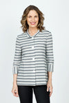 Top Ligne Striping Button Front Top in Gray/Black.  Horizontal stripes in Black and white on a gray background.  Convertible collar, button front top.  3/4 sleeve with vertical stripe split cuffs.  A line shape.  Relaxed fit._t_59571240305006