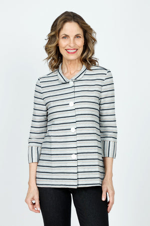 Top Ligne Striping Button Front Top in Gray/Black.  Horizontal stripes in Black and white on a gray background.  Convertible collar, button front top.  3/4 sleeve with vertical stripe split cuffs.  A line shape.  Relaxed fit._59571240305006