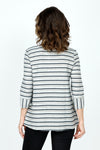 Top Ligne Striping Button Front Top in Gray/Black.  Horizontal stripes in Black and white on a gray background.  Convertible collar, button front top.  3/4 sleeve with vertical stripe split cuffs.  A line shape.  Relaxed fit._t_59571240337774