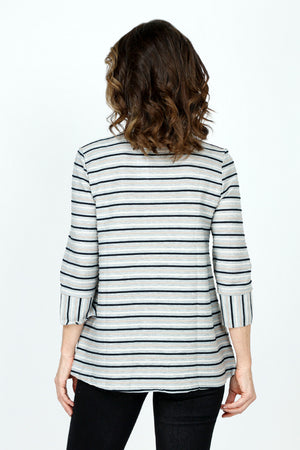 Top Ligne Striping Button Front Top in Gray/Black.  Horizontal stripes in Black and white on a gray background.  Convertible collar, button front top.  3/4 sleeve with vertical stripe split cuffs.  A line shape.  Relaxed fit._59571240337774