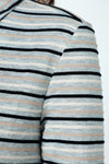 Top Ligne Striping Button Front Top in Gray/Black.  Horizontal stripes in Black and white on a gray background.  Convertible collar, button front top.  3/4 sleeve with vertical stripe split cuffs.  A line shape.  Relaxed fit._t_59571240370542