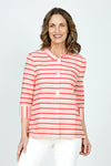 Top Ligne Striping Button Front Top in Pink/Red.  Horizontal stripes in Redm white and beige on a pink background.  Convertible collar, button front top.  3/4 sleeve with vertical stripe split cuffs.  A line shape.  Relaxed fit._t_59571240403310