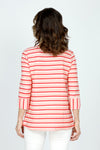 Top Ligne Striping Button Front Top in Pink/Red.  Horizontal stripes in Redm white and beige on a pink background.  Convertible collar, button front top.  3/4 sleeve with vertical stripe split cuffs.  A line shape.  Relaxed fit._t_59571240436078