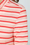 Top Ligne Striping Button Front Top in Pink/Red.  Horizontal stripes in Redm white and beige on a pink background.  Convertible collar, button front top.  3/4 sleeve with vertical stripe split cuffs.  A line shape.  Relaxed fit._t_59571240272238