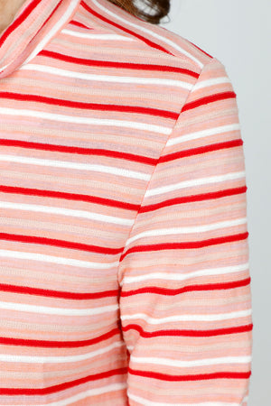 Top Ligne Striping Button Front Top in Pink/Red.  Horizontal stripes in Redm white and beige on a pink background.  Convertible collar, button front top.  3/4 sleeve with vertical stripe split cuffs.  A line shape.  Relaxed fit._59571240272238