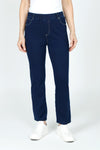 Lolo Luxe Jean Terry Ankle Pant in Denim.  1" elastic pull on jean with 5 pocket styling.  Faux fly.  Contrast color top stitching.  Belt loops.  Straight leg.  Inseam: 28"_t_59584218431854